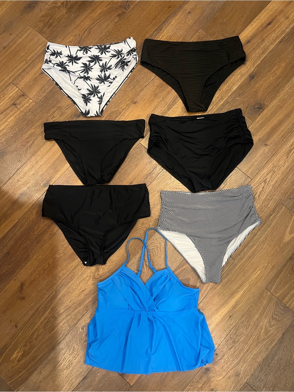 Women’s High-Waist Bikini Bottoms & Blue Tankini Top - Black, White, Blue